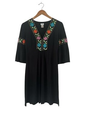 Cache Black Embroidered V-Neck Dress with Floral Trim Like New sz M